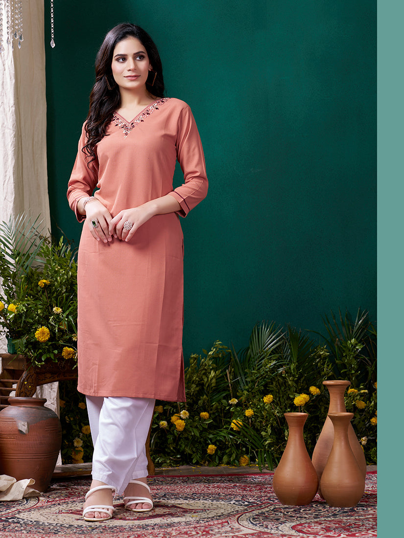 Monjolika Fashion Peach Maaza Cotton Hand Work With Pocket Casual Kurti - Swadesiicart