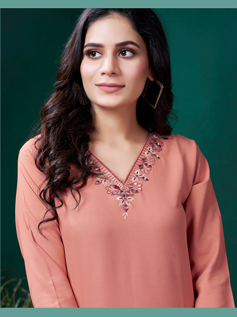 Monjolika Fashion Peach Maaza Cotton Hand Work With Pocket Casual Kurti - Swadesiicart