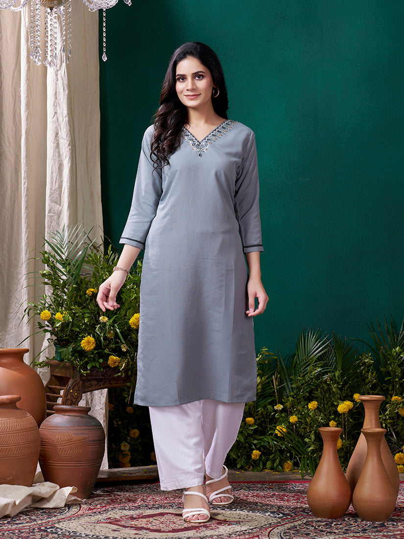 Monjolika Fashion Grey Maaza Cotton Hand Work With Pocket Casual Kurti - Swadesiicart