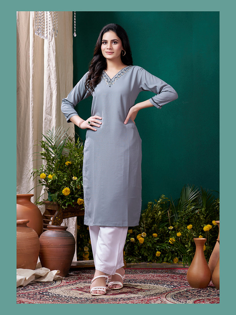 Monjolika Fashion Grey Maaza Cotton Hand Work With Pocket Casual Kurti - Swadesiicart