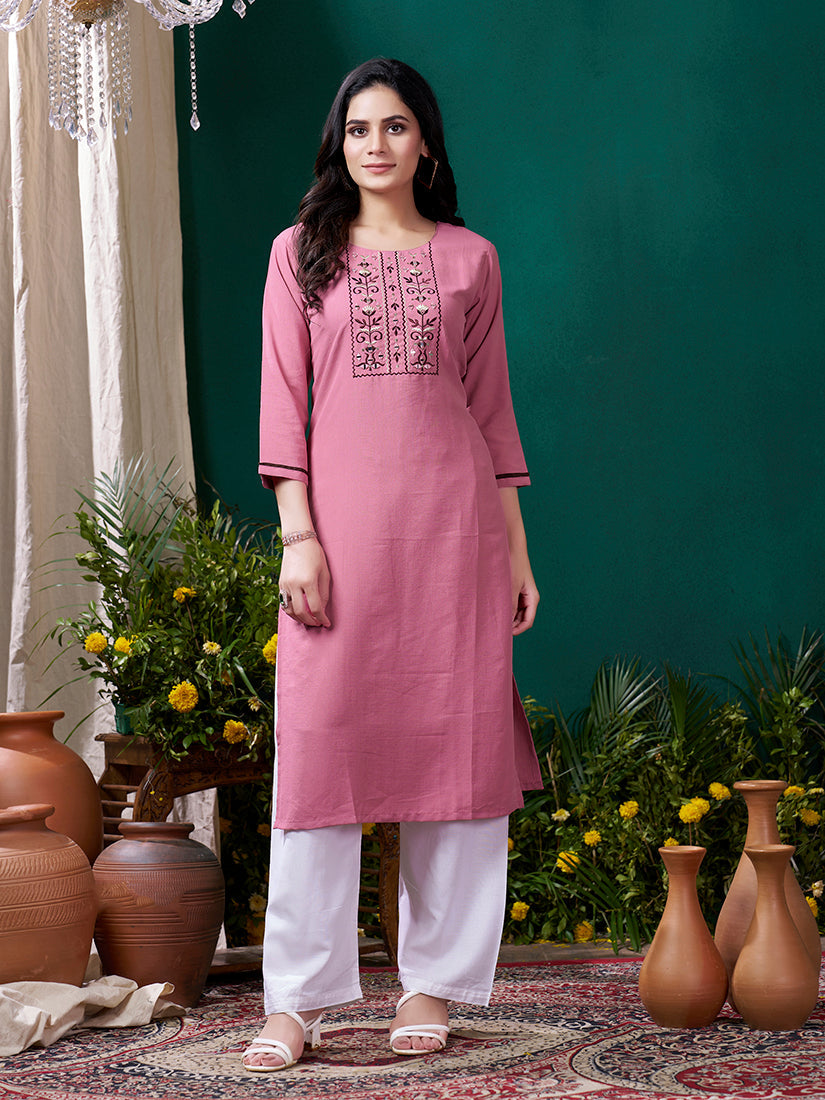 Monjolika Fashion Light Pink Maaza Cotton Hand Work With Pocket Casual Kurti - Swadesiicart