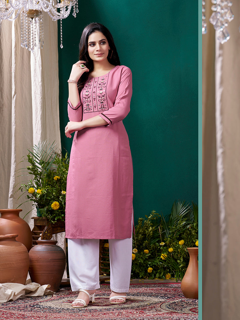 Monjolika Fashion Light Pink Maaza Cotton Hand Work With Pocket Casual Kurti - Swadesiicart
