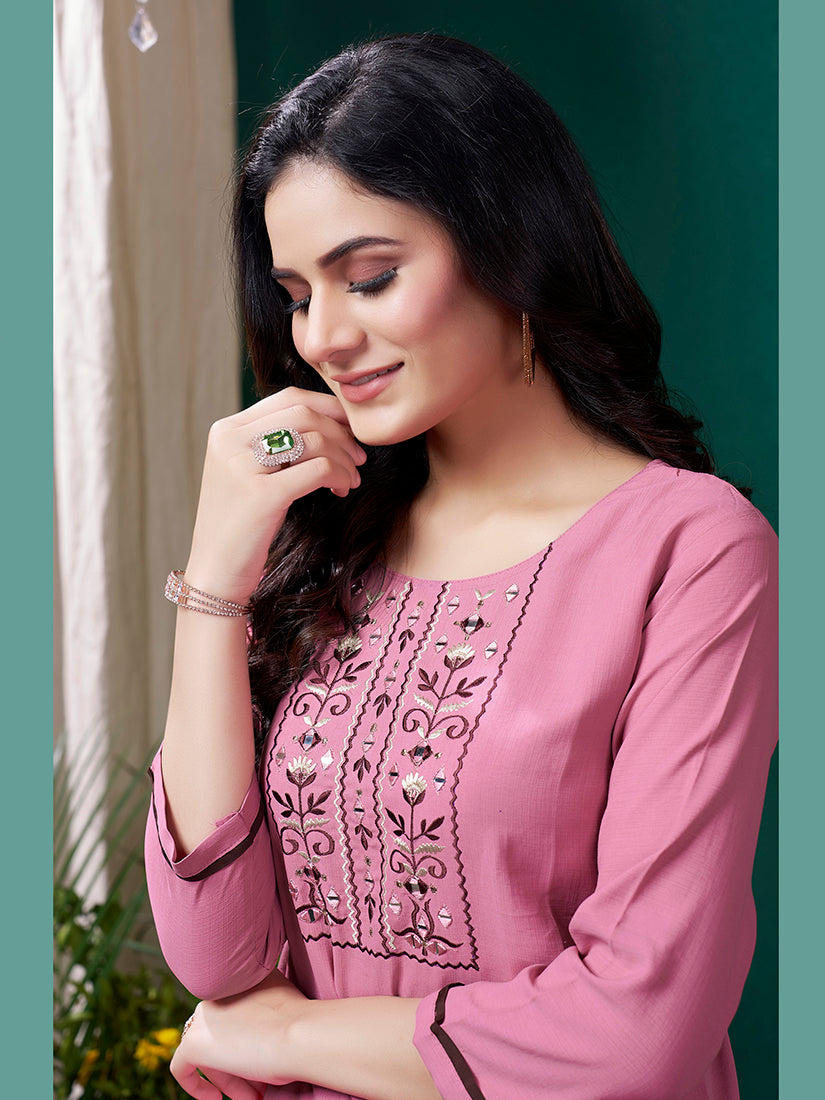 Monjolika Fashion Light Pink Maaza Cotton Hand Work With Pocket Casual Kurti - Swadesiicart