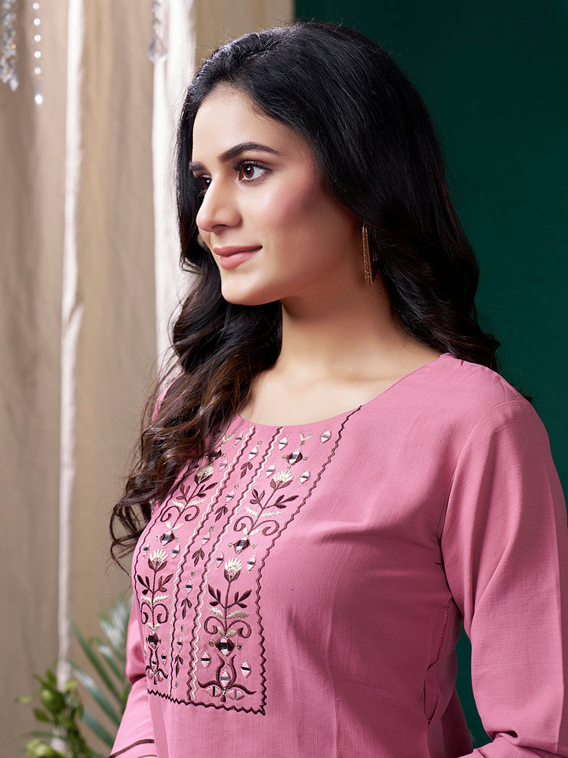 Monjolika Fashion Light Pink Maaza Cotton Hand Work With Pocket Casual Kurti - Swadesiicart