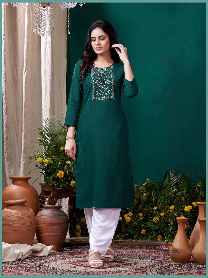 Monjolika Fashion Dark Green Maaza Cotton Hand Work With Pocket Casual Kurti - Swadesiicart