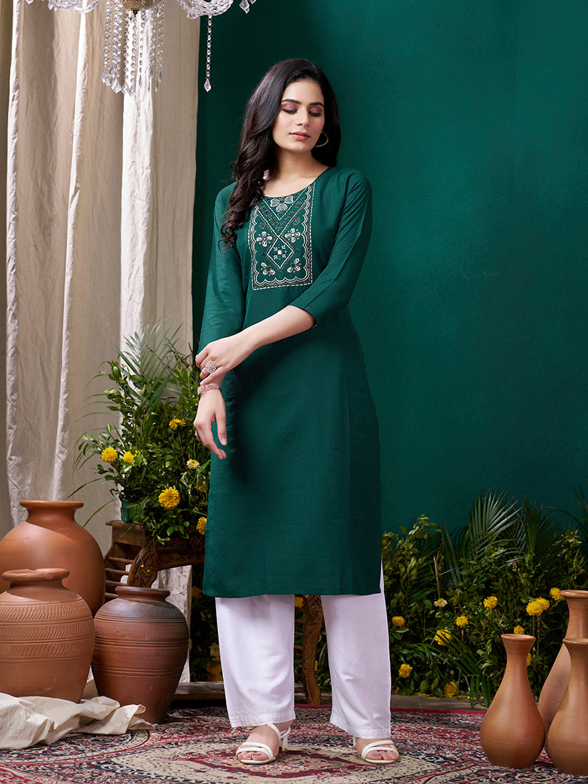 Monjolika Fashion Dark Green Maaza Cotton Hand Work With Pocket Casual Kurti - Swadesiicart