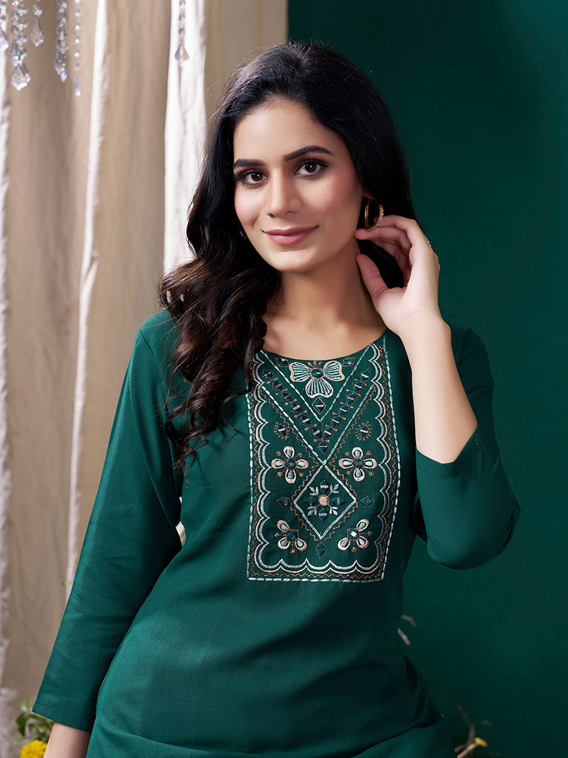 Monjolika Fashion Dark Green Maaza Cotton Hand Work With Pocket Casual Kurti - Swadesiicart