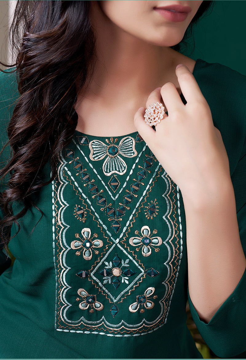 Monjolika Fashion Dark Green Maaza Cotton Hand Work With Pocket Casual Kurti - Swadesiicart