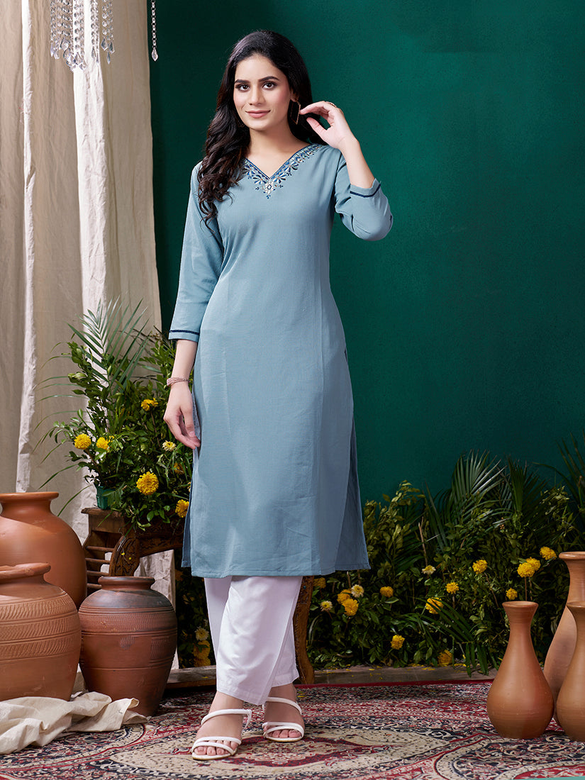 Monjolika Fashion Light Blue Maaza Cotton Hand Work With Pocket Casual Kurti - Swadesiicart
