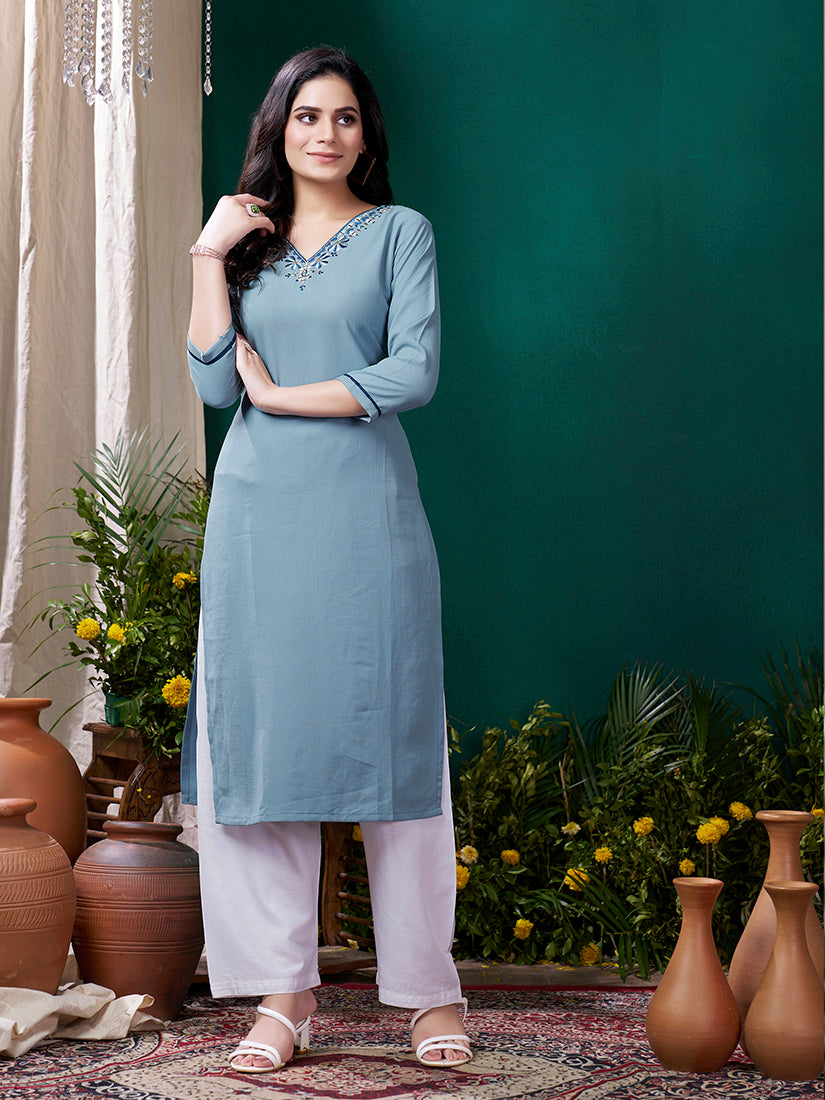Monjolika Fashion Light Blue Maaza Cotton Hand Work With Pocket Casual Kurti - Swadesiicart