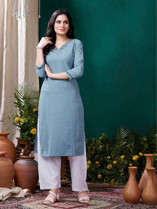 Monjolika Fashion Light Blue Maaza Cotton Hand Work With Pocket Casual Kurti - Swadesiicart