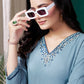 Monjolika Fashion Light Blue Maaza Cotton Hand Work With Pocket Casual Kurti - Swadesiicart