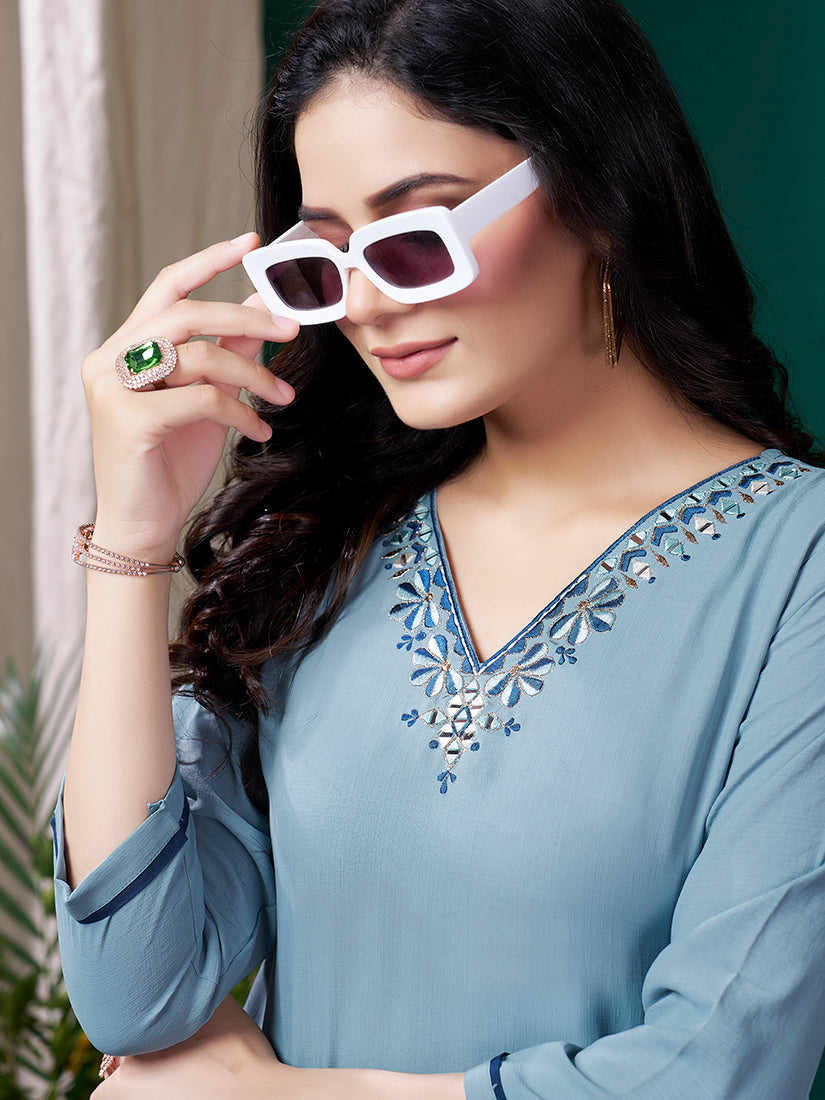 Monjolika Fashion Light Blue Maaza Cotton Hand Work With Pocket Casual Kurti - Swadesiicart