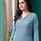 Monjolika Fashion Light Blue Maaza Cotton Hand Work With Pocket Casual Kurti - Swadesiicart