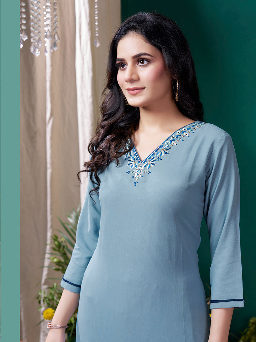 Monjolika Fashion Light Blue Maaza Cotton Hand Work With Pocket Casual Kurti - Swadesiicart