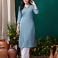 Monjolika Fashion Light Blue Maaza Cotton Hand Work With Pocket Casual Kurti