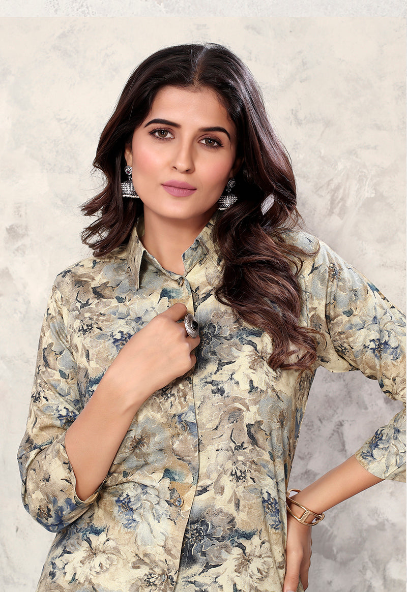 Monjolika Fashion Cream Premium Rayon Floral Printed Co Ord Set - Swadesiicart