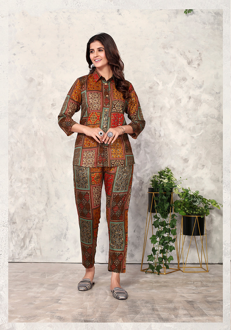 Monjolika Fashion Brown Premium Rayon Floral Printed Co Ord Set - Swadesiicart