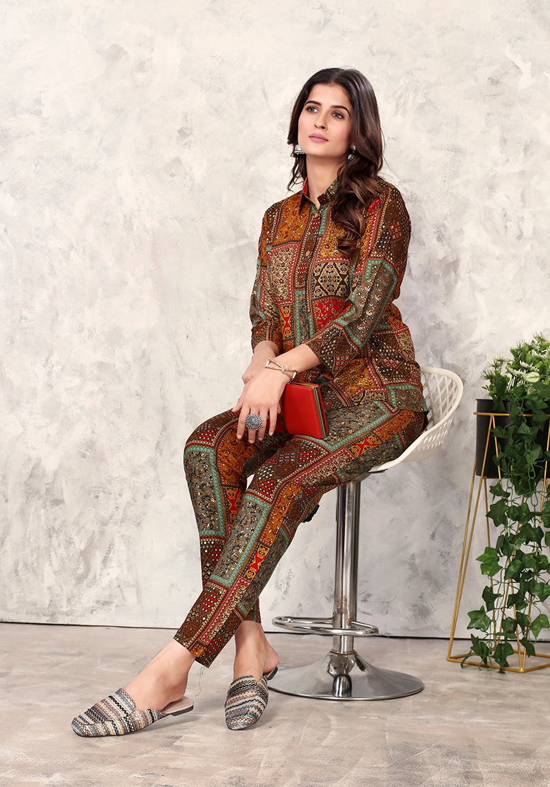 Monjolika Fashion Brown Premium Rayon Floral Printed Co Ord Set - Swadesiicart