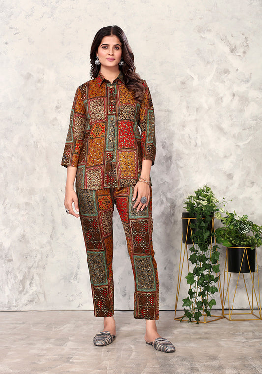 Monjolika Fashion Brown Premium Rayon Floral Printed Co Ord Set - Swadesiicart