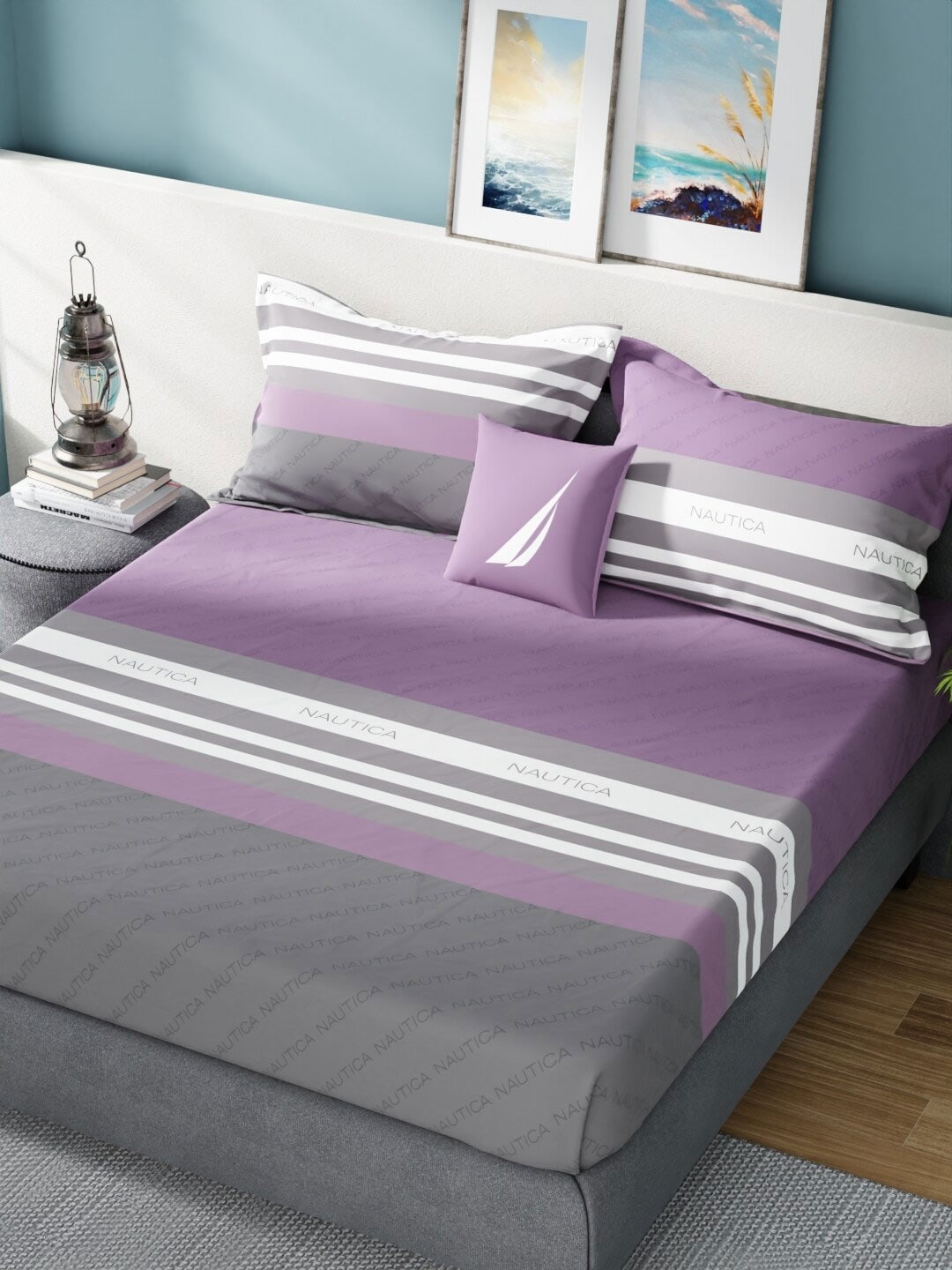 Nautica Bradford Purple & Grey Striped 160 TC Pure Cotton King Bedsheet & 2 Pillow Covers - Swadesiicart