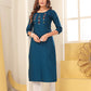 Monjolika Fashion Teal Blue Vision Silk With Handmade Embroidery Kurti - Swadesiicart