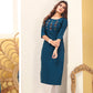 Monjolika Fashion Teal Blue Vision Silk With Handmade Embroidery Kurti - Swadesiicart