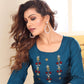 Monjolika Fashion Teal Blue Vision Silk With Handmade Embroidery Kurti - Swadesiicart