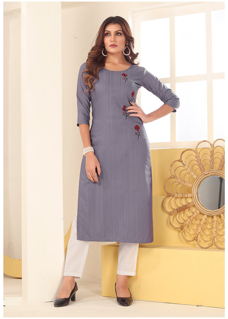 Monjolika Fashion Grey Vision Silk With Handmade Embroidery Kurti - Swadesiicart