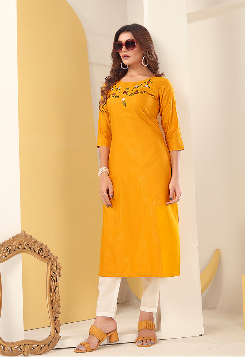 Monjolika Fashion Mustard Vision Silk With Handmade Embroidery Kurti - Swadesiicart