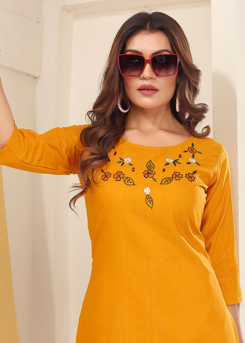 Monjolika Fashion Mustard Vision Silk With Handmade Embroidery Kurti - Swadesiicart