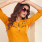 Monjolika Fashion Mustard Vision Silk With Handmade Embroidery Kurti - Swadesiicart