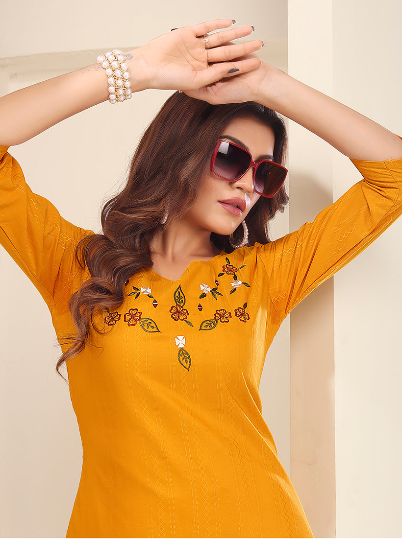 Monjolika Fashion Mustard Vision Silk With Handmade Embroidery Kurti - Swadesiicart