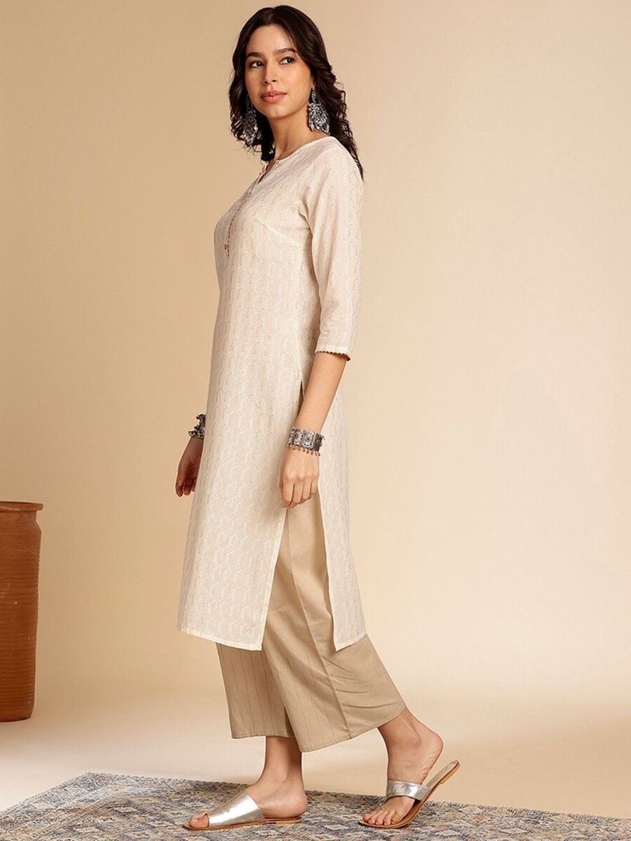 Anouk Off White Printed Mandarin Collar Cotton Straight Kurta - Swadesiicart