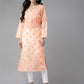ADA Women Peach-Coloured & White Chikankari Embroidered Handloom Kurta with Cotton Trousers | Swadesiicart