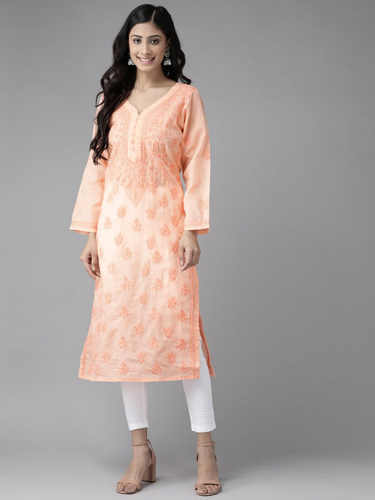 ADA Women Peach-Coloured & White Chikankari Embroidered Handloom Kurta with Cotton Trousers | Swadesiicart