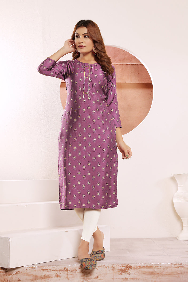 Monjolika Fashion Lavender Viscose Maslin Print With Pocket Stylish Kurti - Swadesiicart