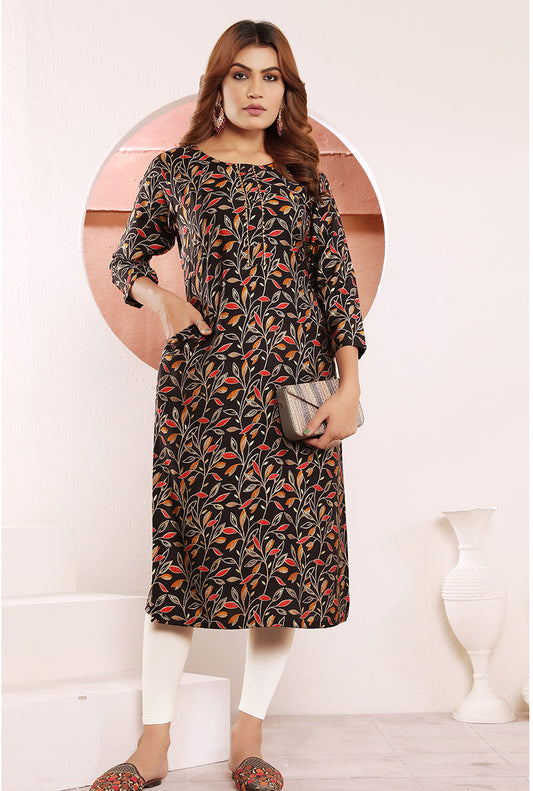 Monjolika Fashion Black Viscose Maslin Print With Pocket Stylish Kurti - Swadesiicart
