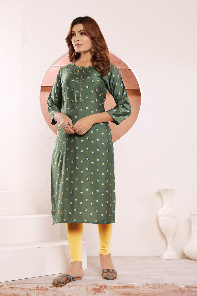 Monjolika Fashion Olive Green Viscose Maslin Print With Pocket Stylish Kurti - Swadesiicart