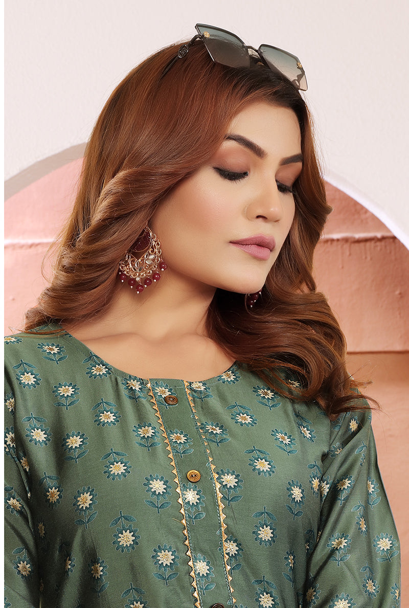 Monjolika Fashion Olive Green Viscose Maslin Print With Pocket Stylish Kurti - Swadesiicart