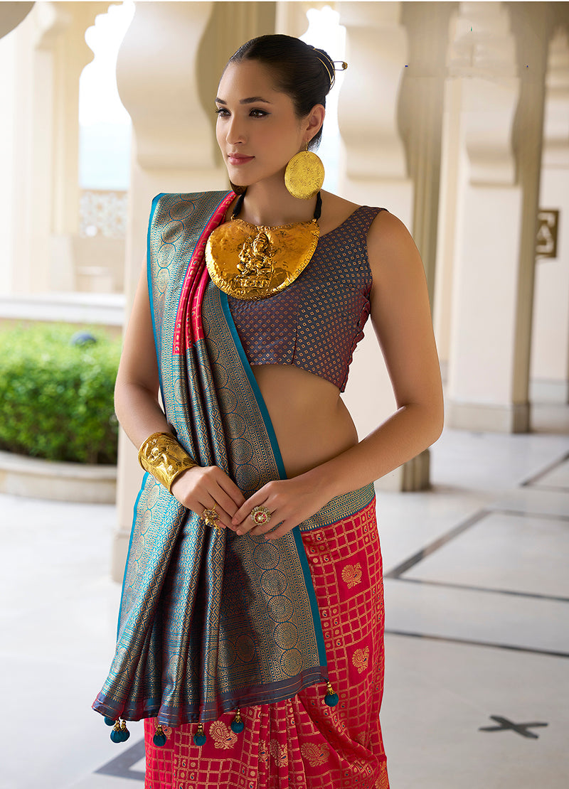 Monjolika Fashion Banarasi Silk Weaving Magenta Trendy Saree | Swadesiicart