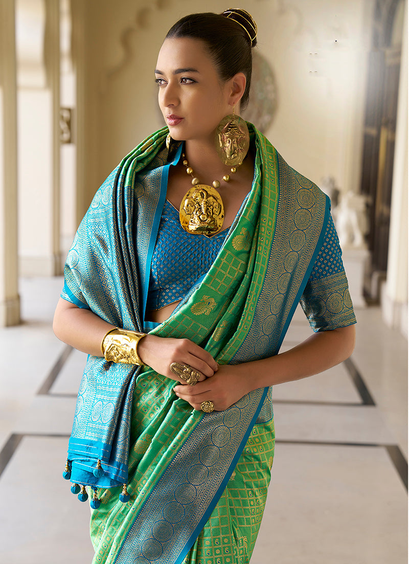 Monjolika Fashion Banarasi Silk Weaving Light Green Trendy Saree | Swadesiicart