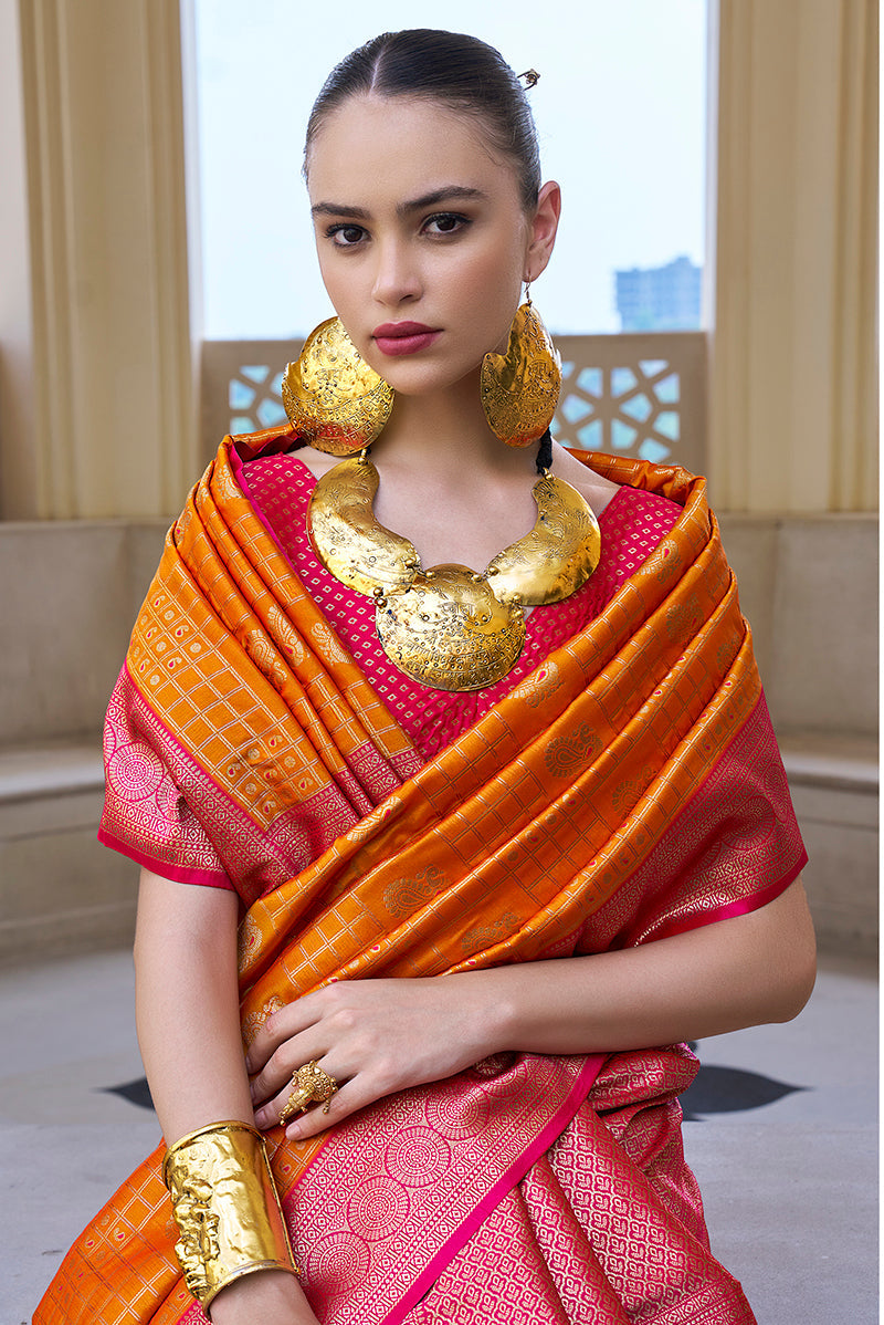 Monjolika Fashion Banarasi Silk Weaving Orange Trendy Saree | Swadesiicart
