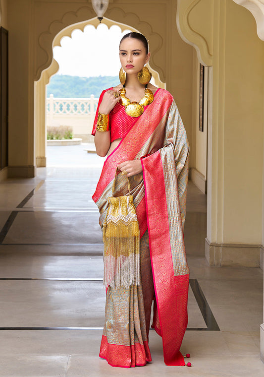 Monjolika Fashion Banarasi Silk Weaving Light Grey Trendy Saree | Swadesiicart