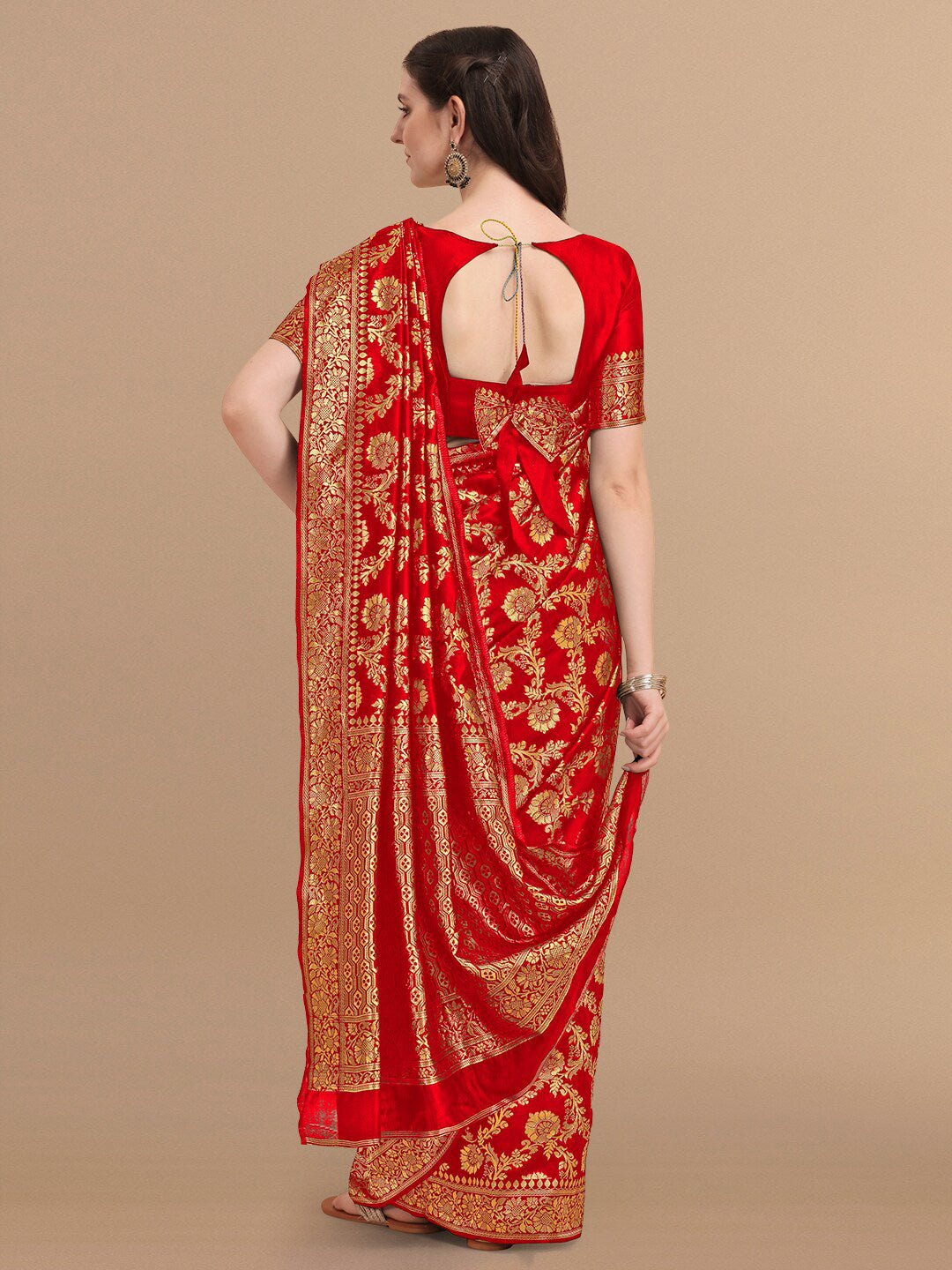 Kalini Red & Golden Floral Zari Silk Blend Banarasi Saree | Swadesiicart