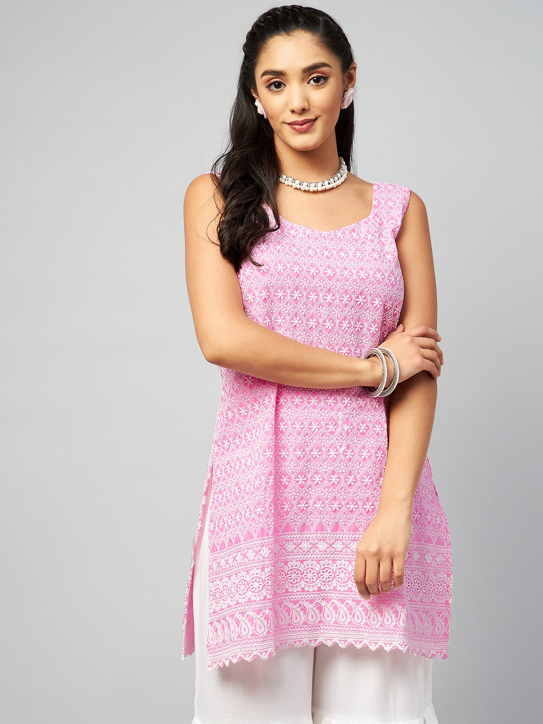 InWeave Women's Pink Sweetheart Neckline Kurta - Swadesiicart