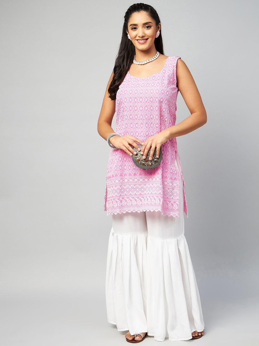 InWeave Women's Pink Sweetheart Neckline Kurta - Swadesiicart