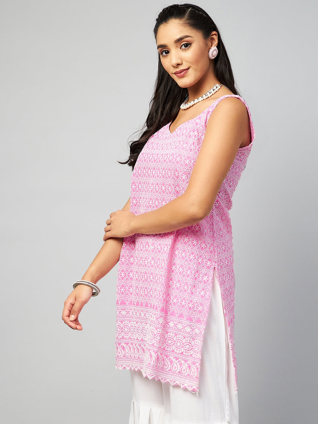 InWeave Women's Pink Sweetheart Neckline Kurta - Swadesiicart