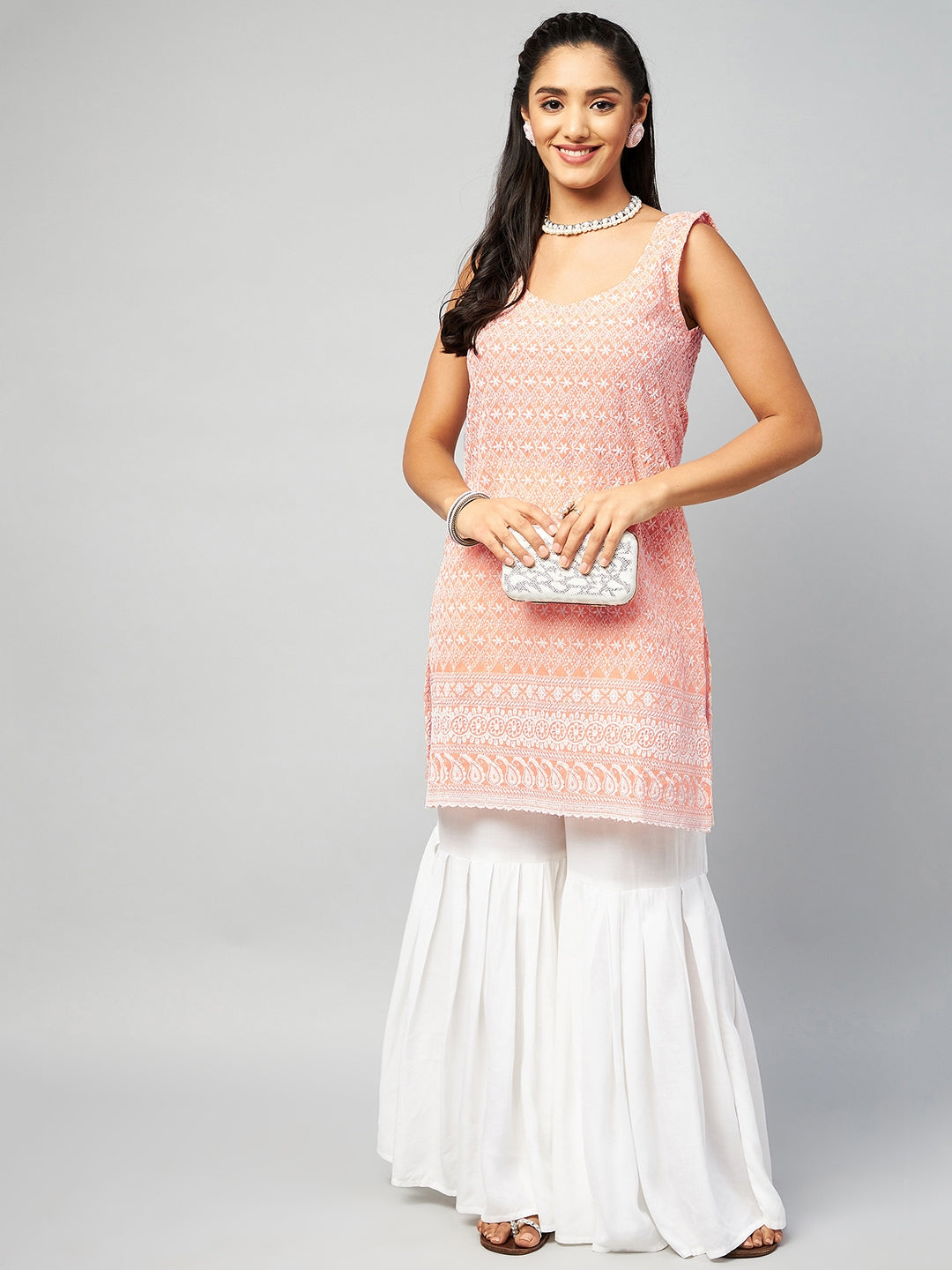 InWeave Women's Peach Sweetheart Neckline Kurta - Swadesiicart