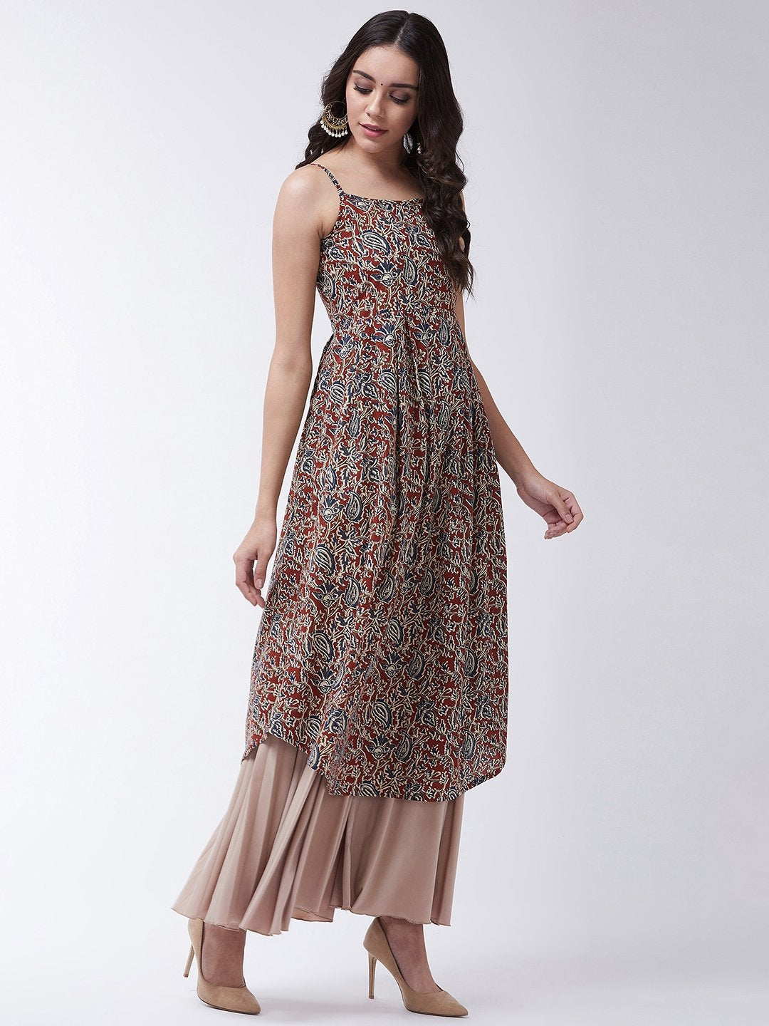 InWeave Women's Maroon Kalamkari Strappy Kurta - Swadesiicart